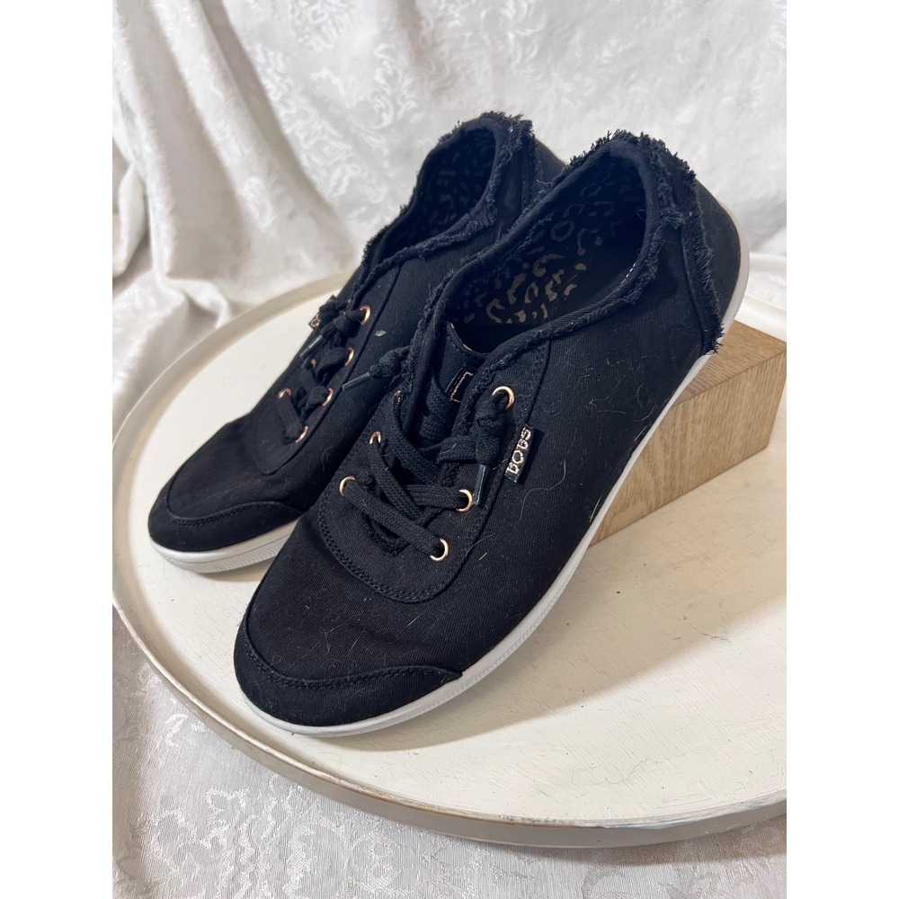 Skechers BOBS B Cute Black Canvas Sneakers Memory Foam Frayed Slip On 56123 Sz 9